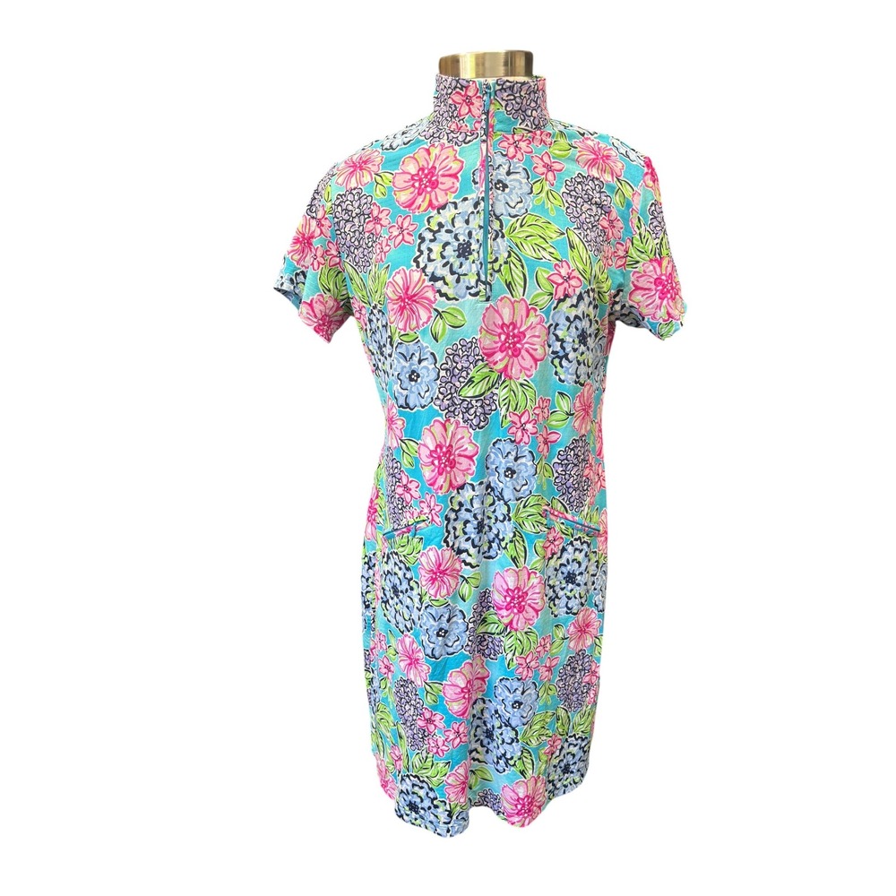 IBKUL Larisa Floral Print Golf‎ Dress Aqua Pink UPF Performance Athletic L